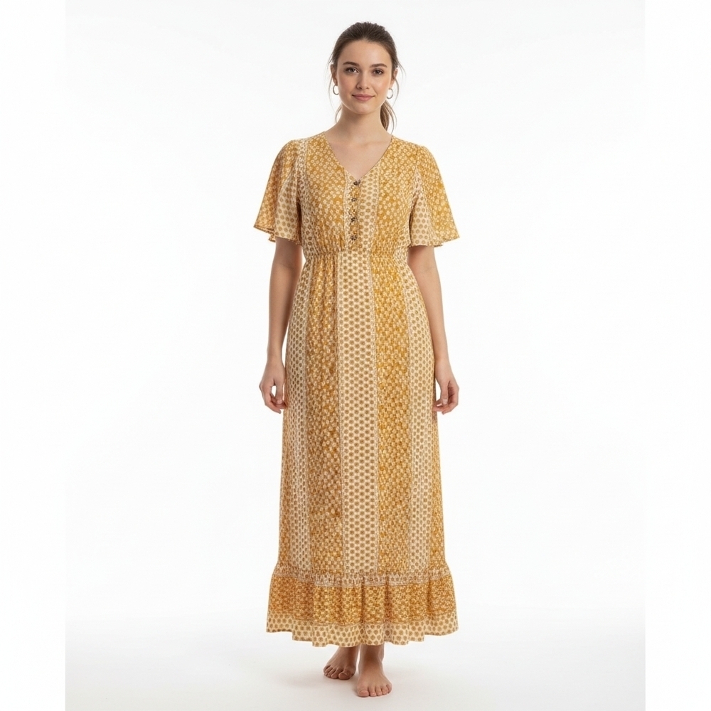 Polagram Mustard Yellow Geometric Print Button Front Maxi Dress Size Small